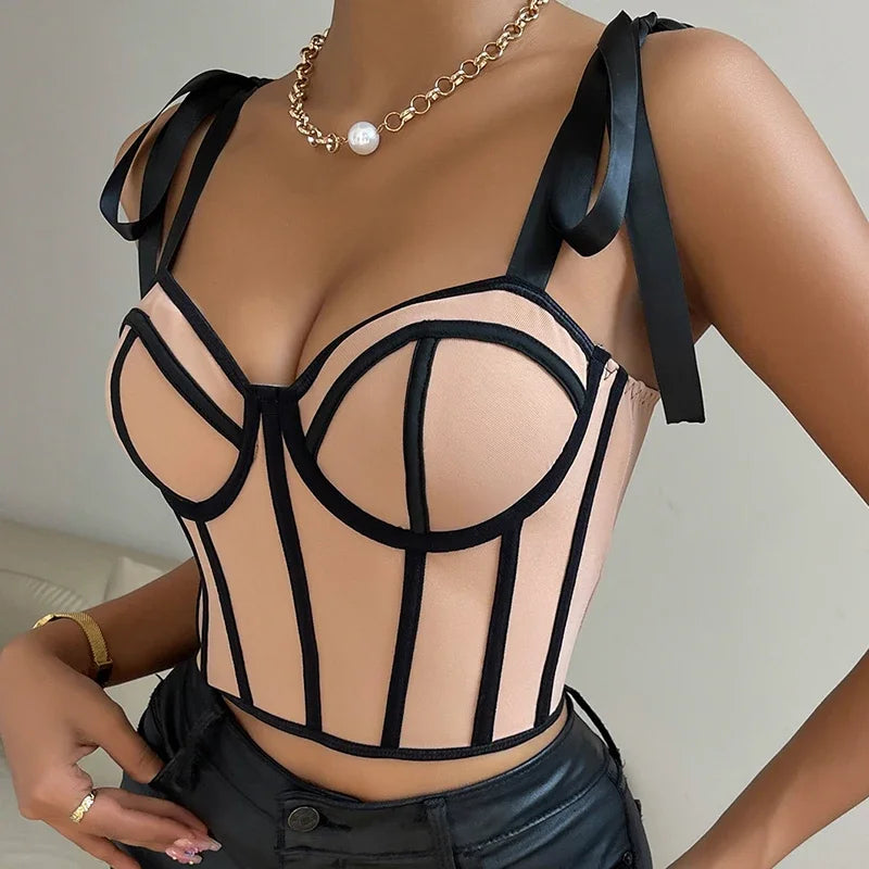 Women Lace up Straps Crop Tops Patchwork Stripe Sexy Tank Top Beach Camis Streetwear Tube Tops Women 2024 Spring Summer