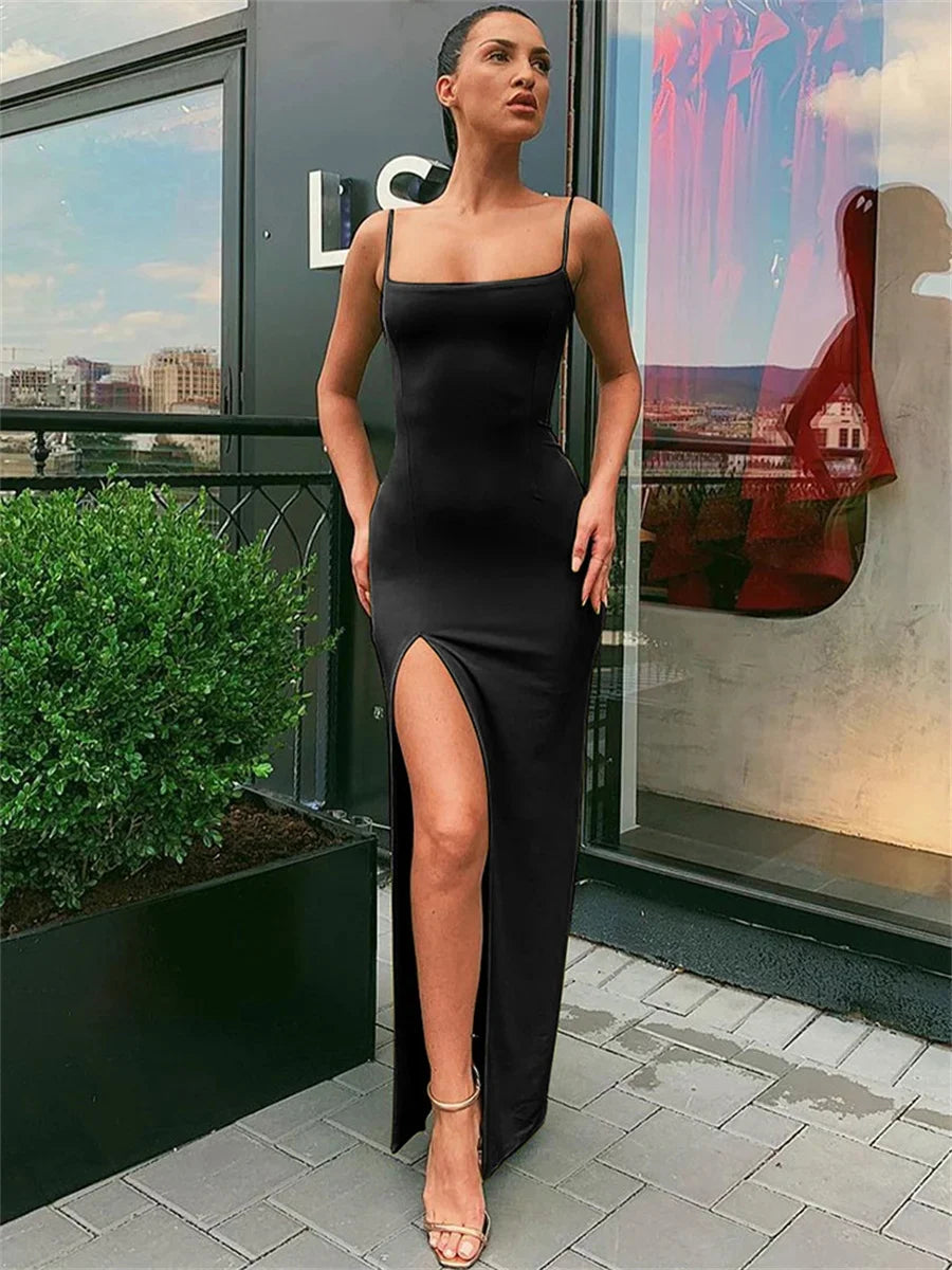 Women Summer Sexy Bodycon Dress Lady Sexy Spaghetti Strap Sleeve Split Solid Color Sheath Dress Vestidos